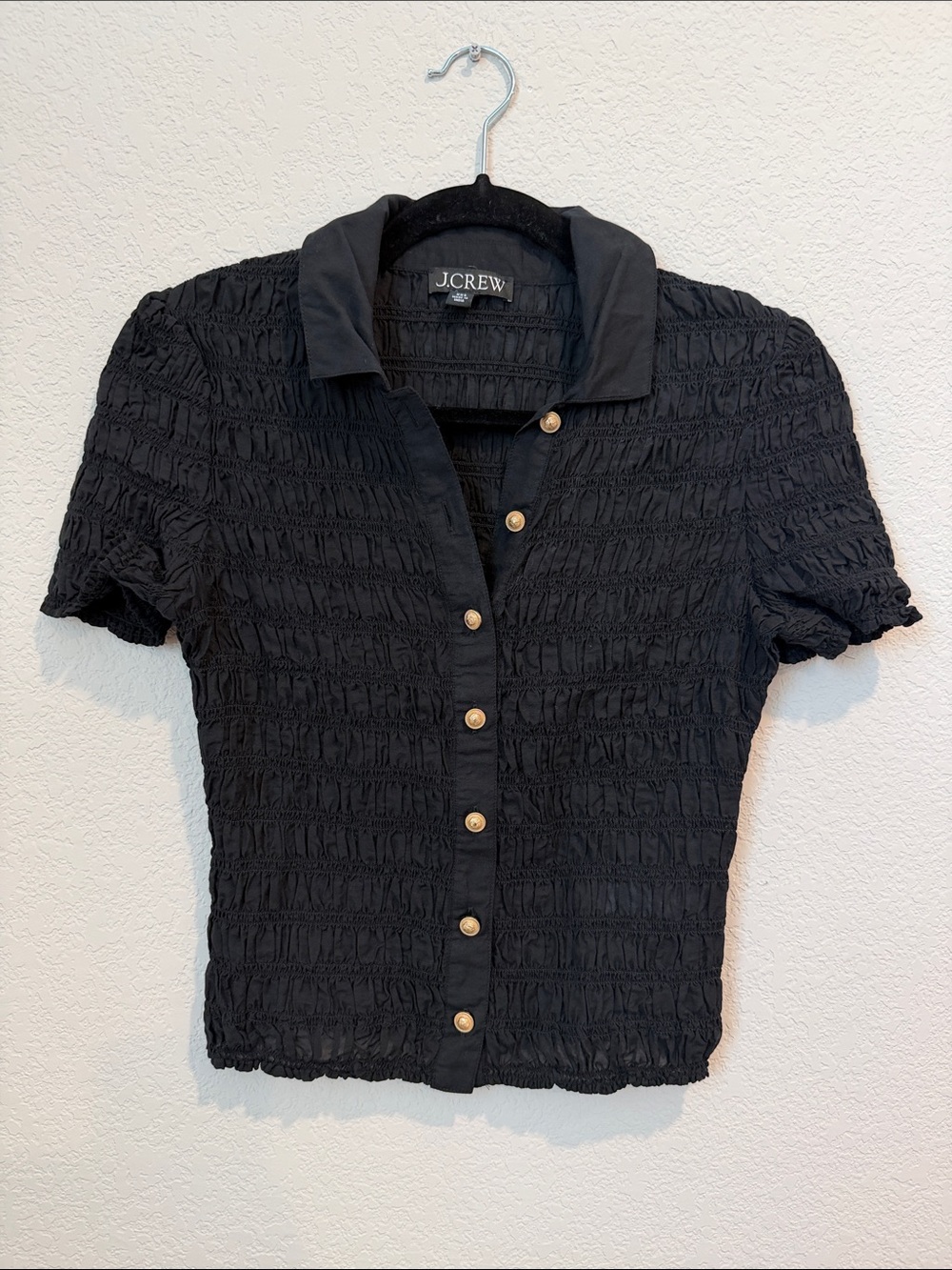 J. Crew Black Smocked Short Sleeve Button-Down Top with Gold Buttons